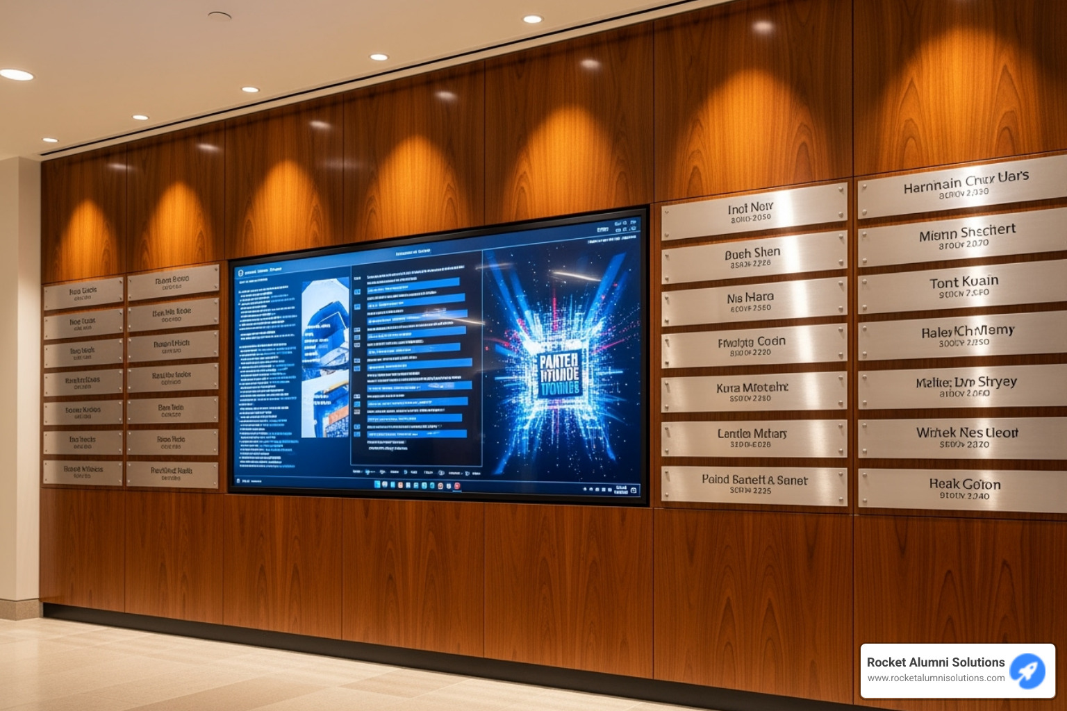 Hybrid donor wall blending wood with a digital screen - modern donor wall ideas Hybrid donor wall blending wood with a digital screen - modern donor wall ideas