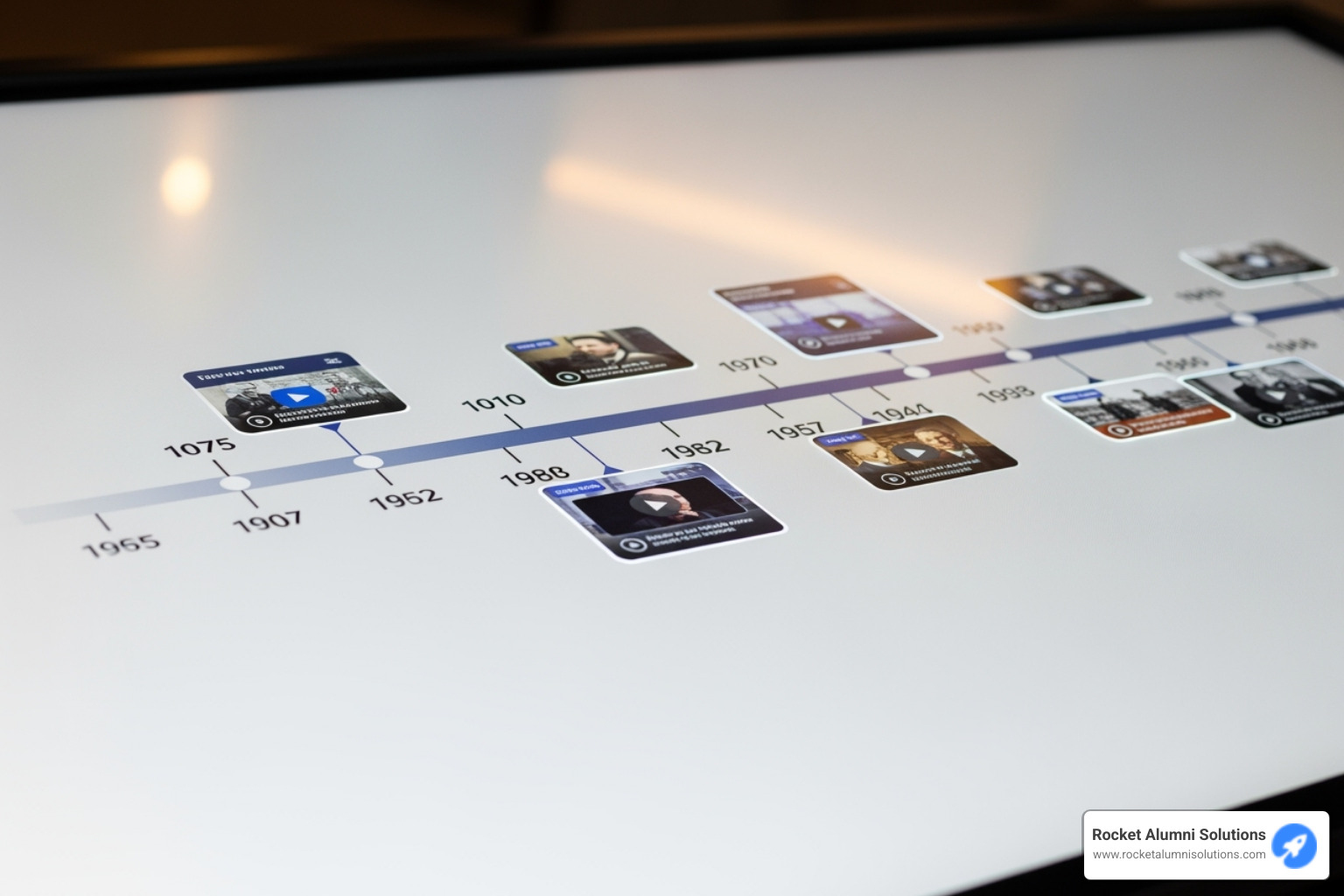 A close-up on a touchscreen displaying an interactive historical timeline with photos and videos. - Donor Wall Touchscreen