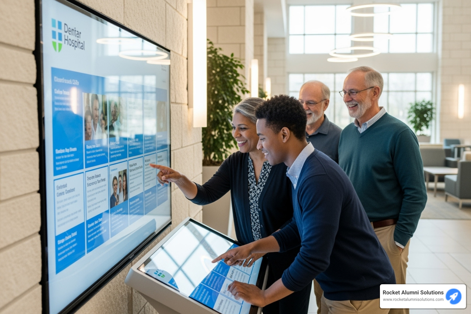 People interacting with a touchscreen donor wall in a hospital, smiling and pointing at the screen. - Donor Wall Touchscreen