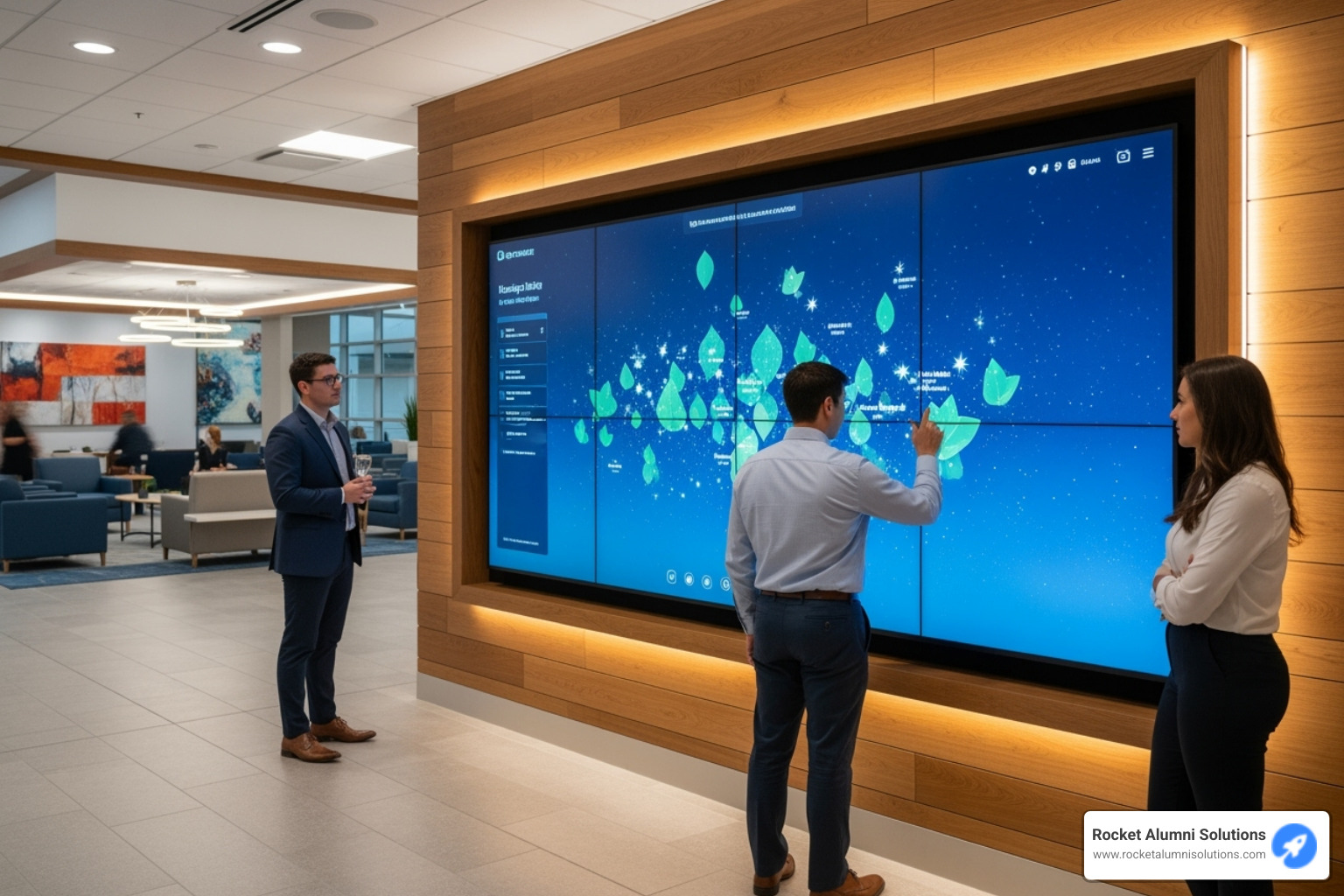 A donor interacting with a touchscreen wall, smiling - Donor Appreciation Touchscreen Wall A donor interacting with a touchscreen wall, smiling - Donor Appreciation Touchscreen Wall