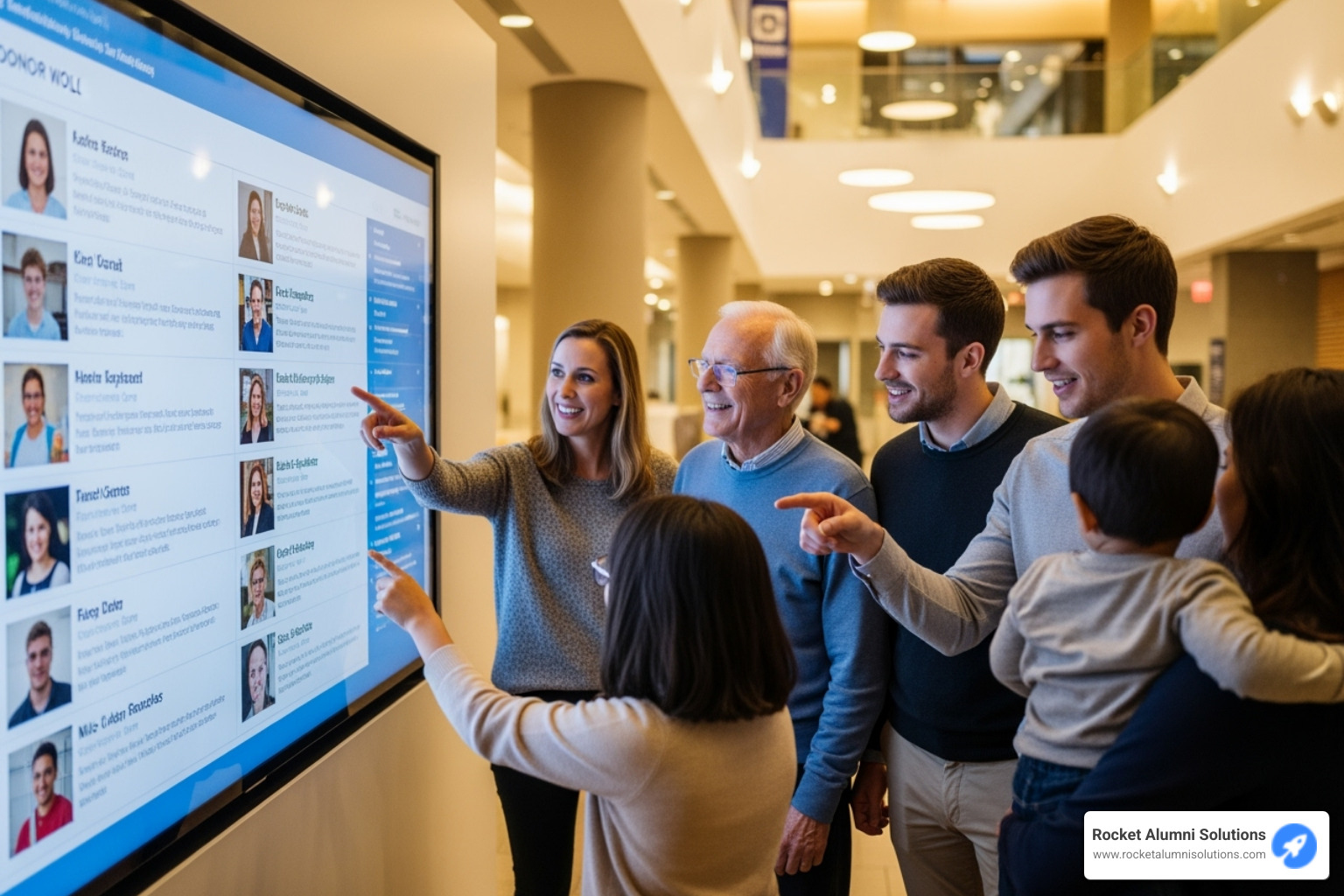 A diverse group of people engaging with a donor appreciation touchscreen wall in a public space - Donor Appreciation Touchscreen Wall A diverse group of people engaging with a donor appreciation touchscreen wall in a public space - Donor Appreciation Touchscreen Wall