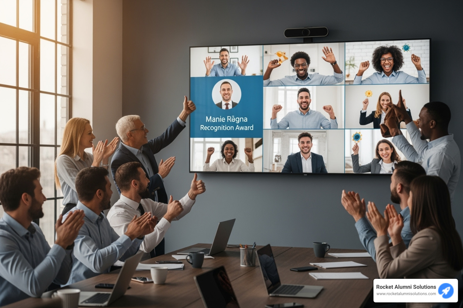 A hybrid team celebrating a colleague's recognition on a Rocket Alumni Solutions digital recognition wall - appreciation certificate content for employees