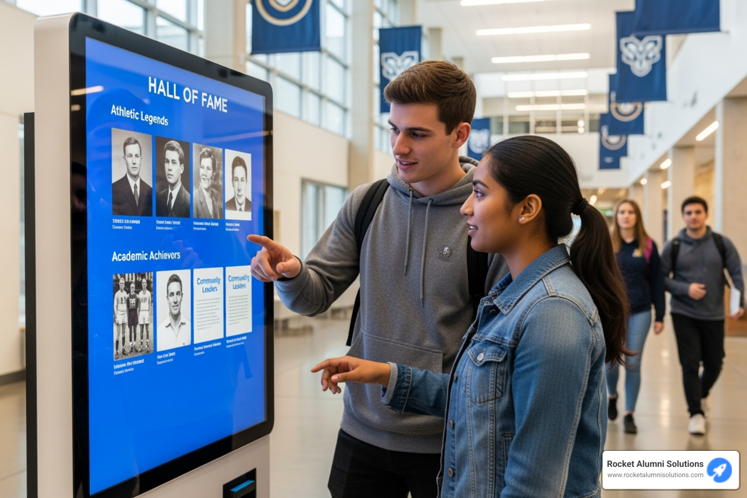 Students interacting with a touchscreen Hall of Fame kiosk - Academic Hall of Fame