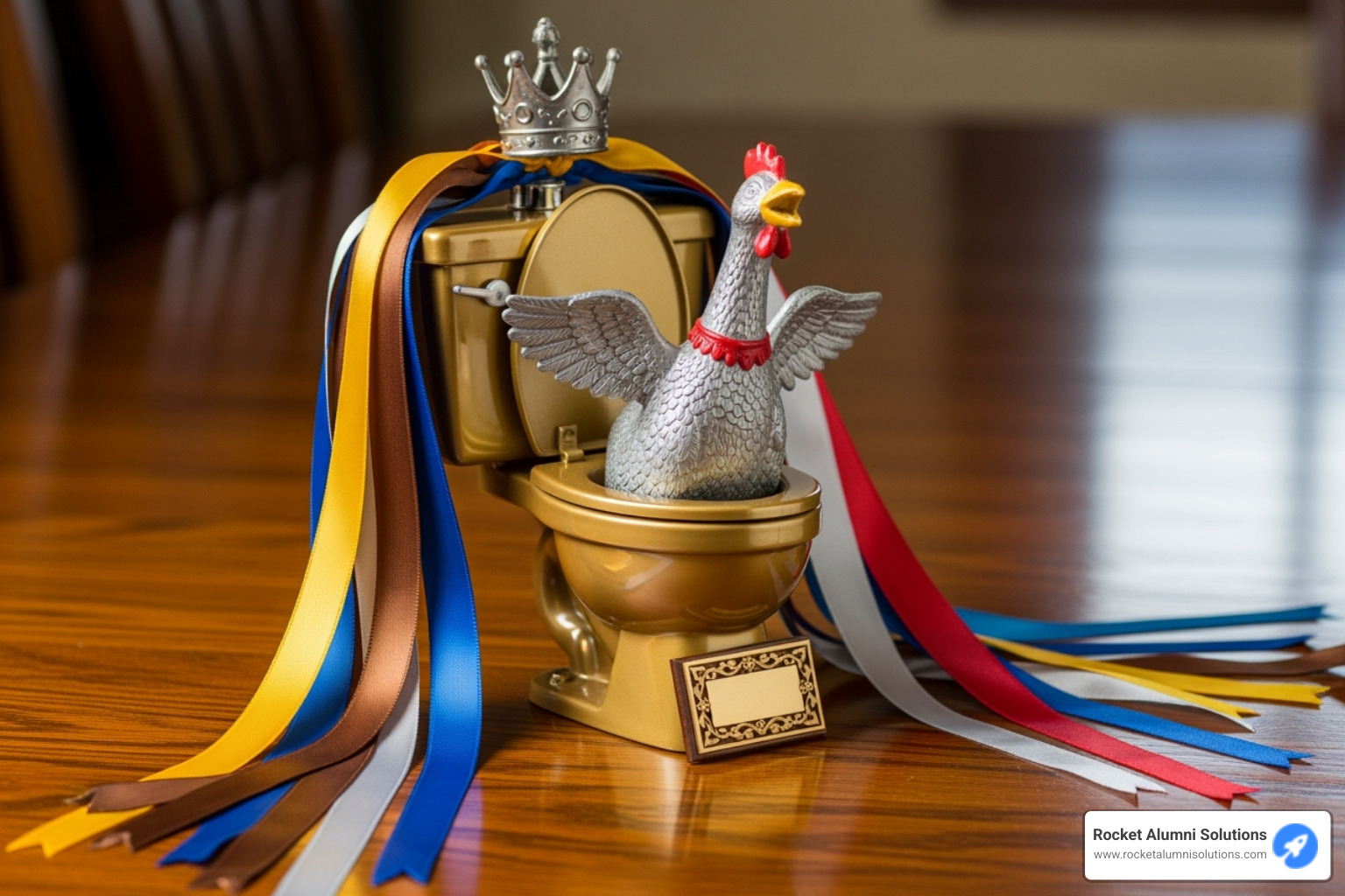 A custom-made, humorous trophy on a table with ribbons - funny coach awards