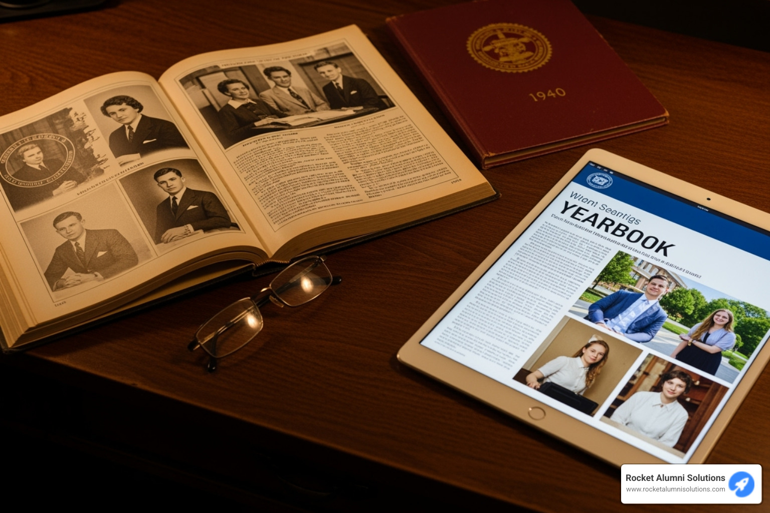 vintage 1940s yearbook compared to a modern digital yearbook on a tablet - yearbooks for sale online vintage 1940s yearbook compared to a modern digital yearbook on a tablet - yearbooks for sale online