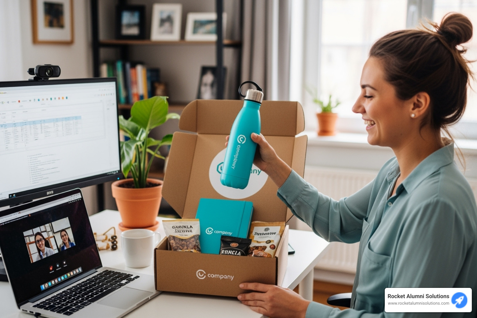 A happy remote employee unboxing a customized gift box filled with company-branded items like a water bottle, notebook, and snacks - remote work superlatives A happy remote employee unboxing a customized gift box filled with company-branded items like a water bottle, notebook, and snacks - remote work superlatives