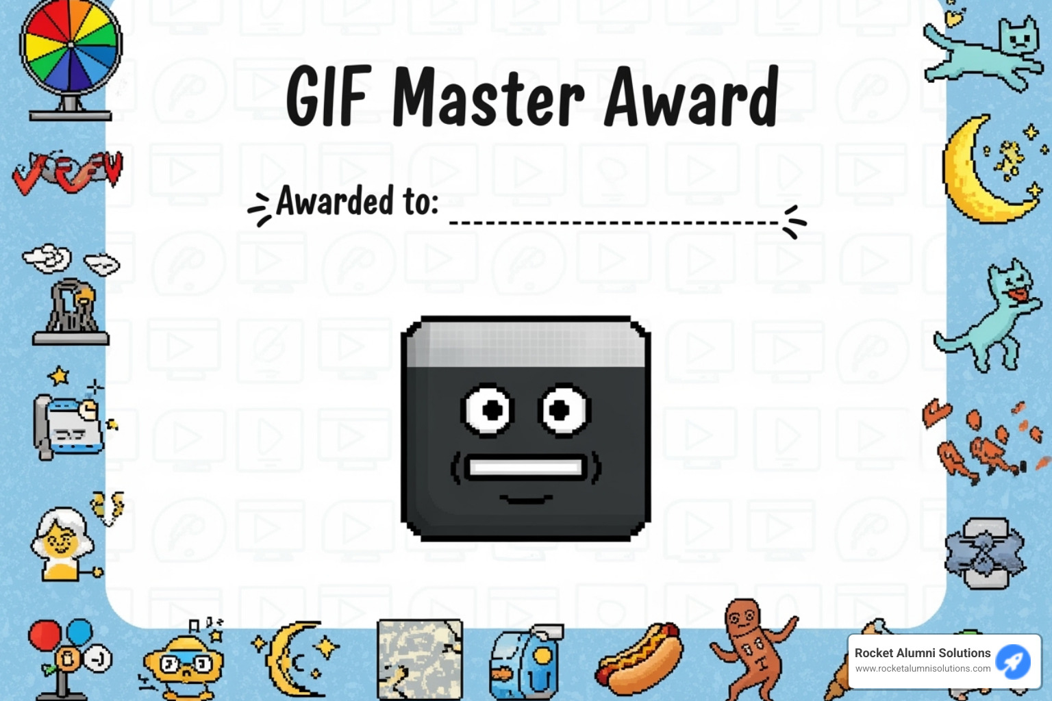 A custom-designed digital award certificate for the "GIF Master Award" with a humorous GIF icon and a placeholder for the winner's name - remote work superlatives A custom-designed digital award certificate for the "GIF Master Award" with a humorous GIF icon and a placeholder for the winner's name - remote work superlatives