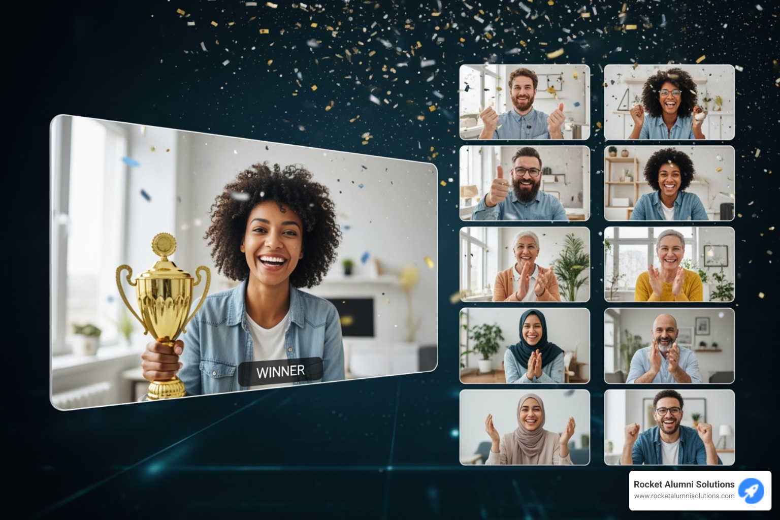 A diverse remote team celebrating a winner during a virtual awards ceremony, with virtual confetti and happy faces on screen - remote work superlatives A diverse remote team celebrating a winner during a virtual awards ceremony, with virtual confetti and happy faces on screen - remote work superlatives