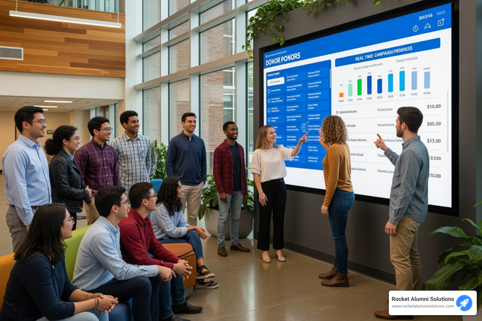 A diverse group of people, including students, alumni, and faculty, smiling and interacting with a large, bright touchscreen donor wall in a modern school lobby. - Donor Touchscreen Appreciation A diverse group of people, including students, alumni, and faculty, smiling and interacting with a large, bright touchscreen donor wall in a modern school lobby. - Donor Touchscreen Appreciation