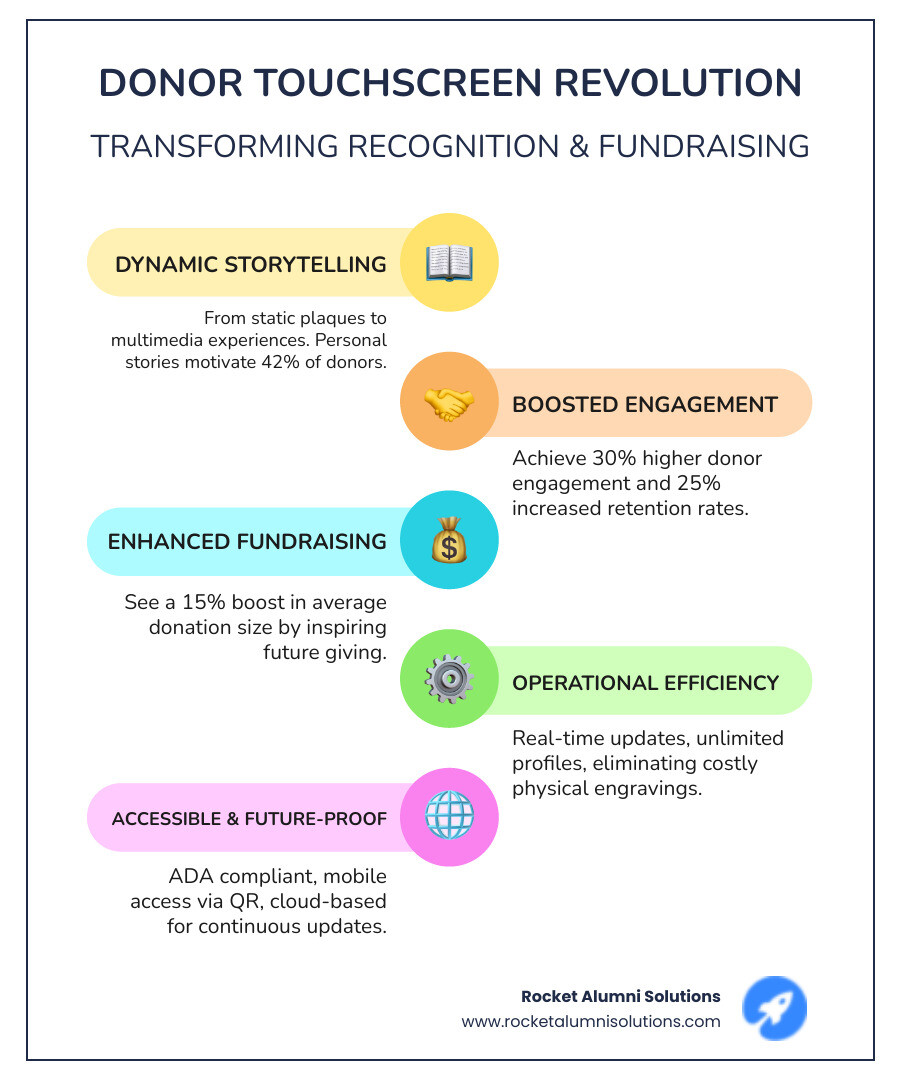 Comprehensive infographic showing the evolution from traditional donor plaques to interactive touchscreen systems, featuring statistics on engagement rates, retention improvements, cost savings over time, key technological components like PCAP touchscreens and cloud-based management, and various implementation options from static displays to fully interactive walls - Donor Touchscreen Appreciation infographic infographic-line-5-steps-colors Comprehensive infographic showing the evolution from traditional donor plaques to interactive touchscreen systems, featuring statistics on engagement rates, retention improvements, cost savings over time, key technological components like PCAP touchscreens and cloud-based management, and various implementation options from static displays to fully interactive walls - Donor Touchscreen Appreciation infographic infographic-line-5-steps-colors