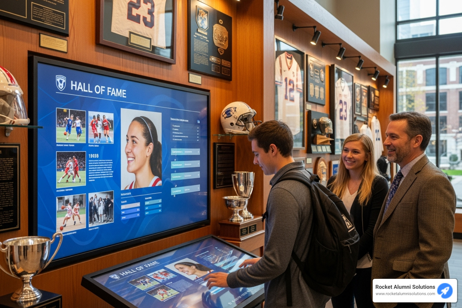 A vibrant, interactive Hall of Fame display at a university, featuring a large touchscreen showing athlete profiles, statistics, and historical photos, with students and faculty engaging with the display. - Donor Touchscreen Appreciation A vibrant, interactive Hall of Fame display at a university, featuring a large touchscreen showing athlete profiles, statistics, and historical photos, with students and faculty engaging with the display. - Donor Touchscreen Appreciation