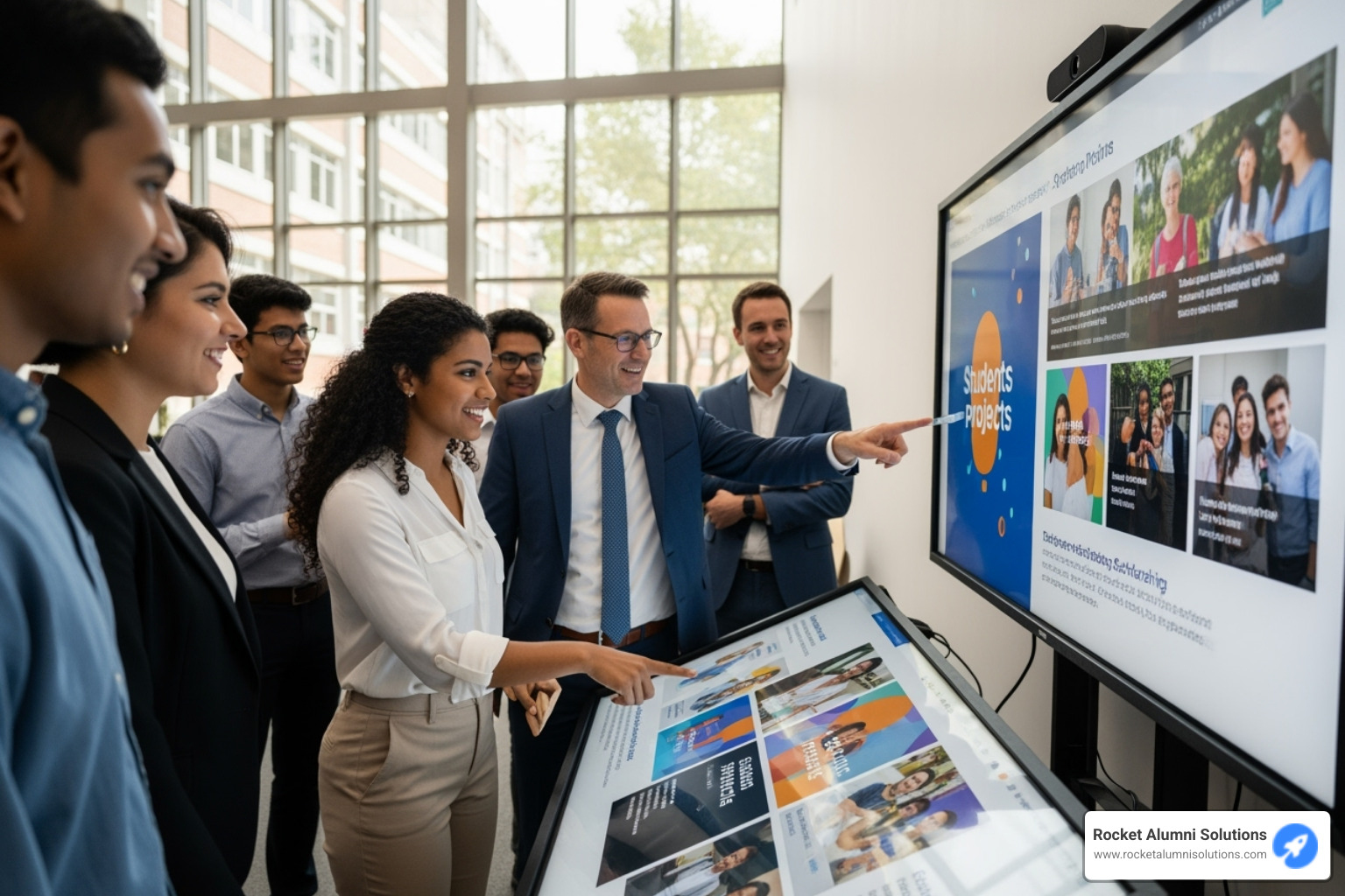Students and donors interacting with a touchscreen display - Scholarship Acknowledgement Touchscreen Students and donors interacting with a touchscreen display - Scholarship Acknowledgement Touchscreen
