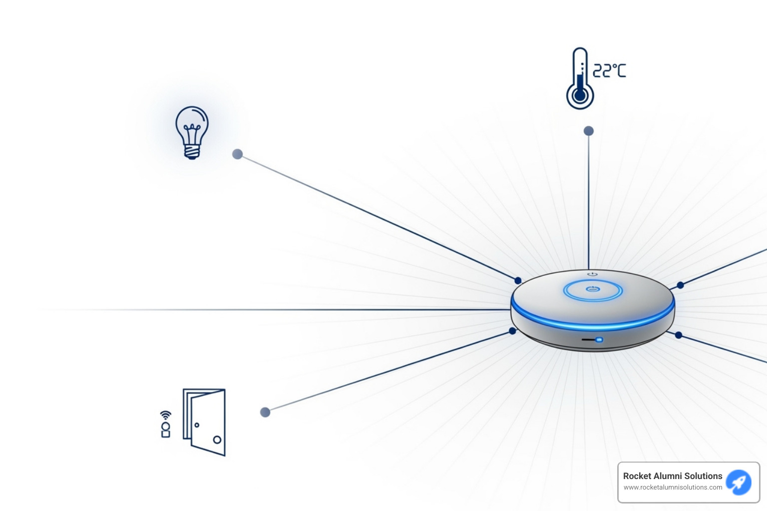 A smart home hub with radiating lines connecting to icons representing various smart devices like lights, thermostats, and door sensors - no app required A smart home hub with radiating lines connecting to icons representing various smart devices like lights, thermostats, and door sensors - no app required