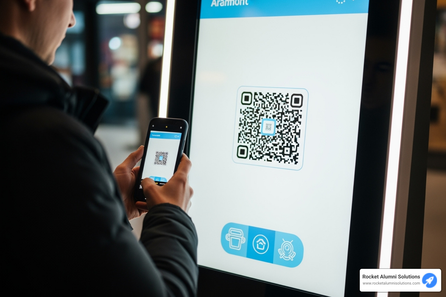 A person using their smartphone camera to scan a QR code displayed on a digital kiosk screen - no app required A person using their smartphone camera to scan a QR code displayed on a digital kiosk screen - no app required