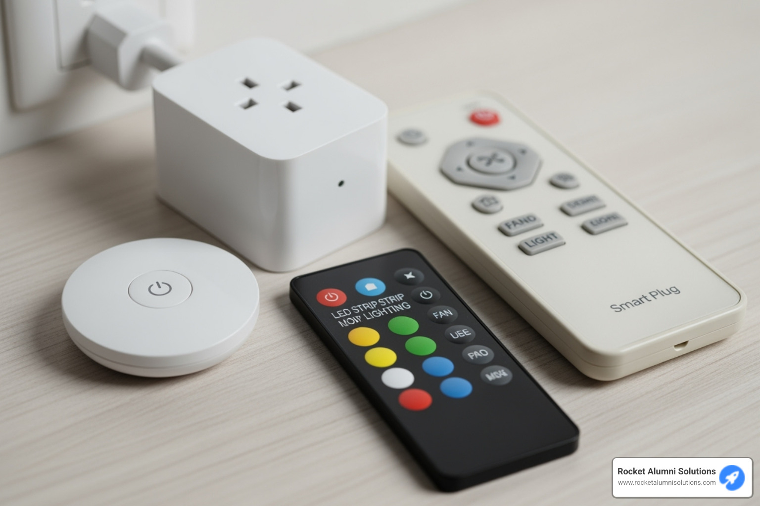 A collection of various remote-controlled home devices, including a smart plug with a remote, a ceiling fan remote, and a remote for LED strip lighting - no app required A collection of various remote-controlled home devices, including a smart plug with a remote, a ceiling fan remote, and a remote for LED strip lighting - no app required