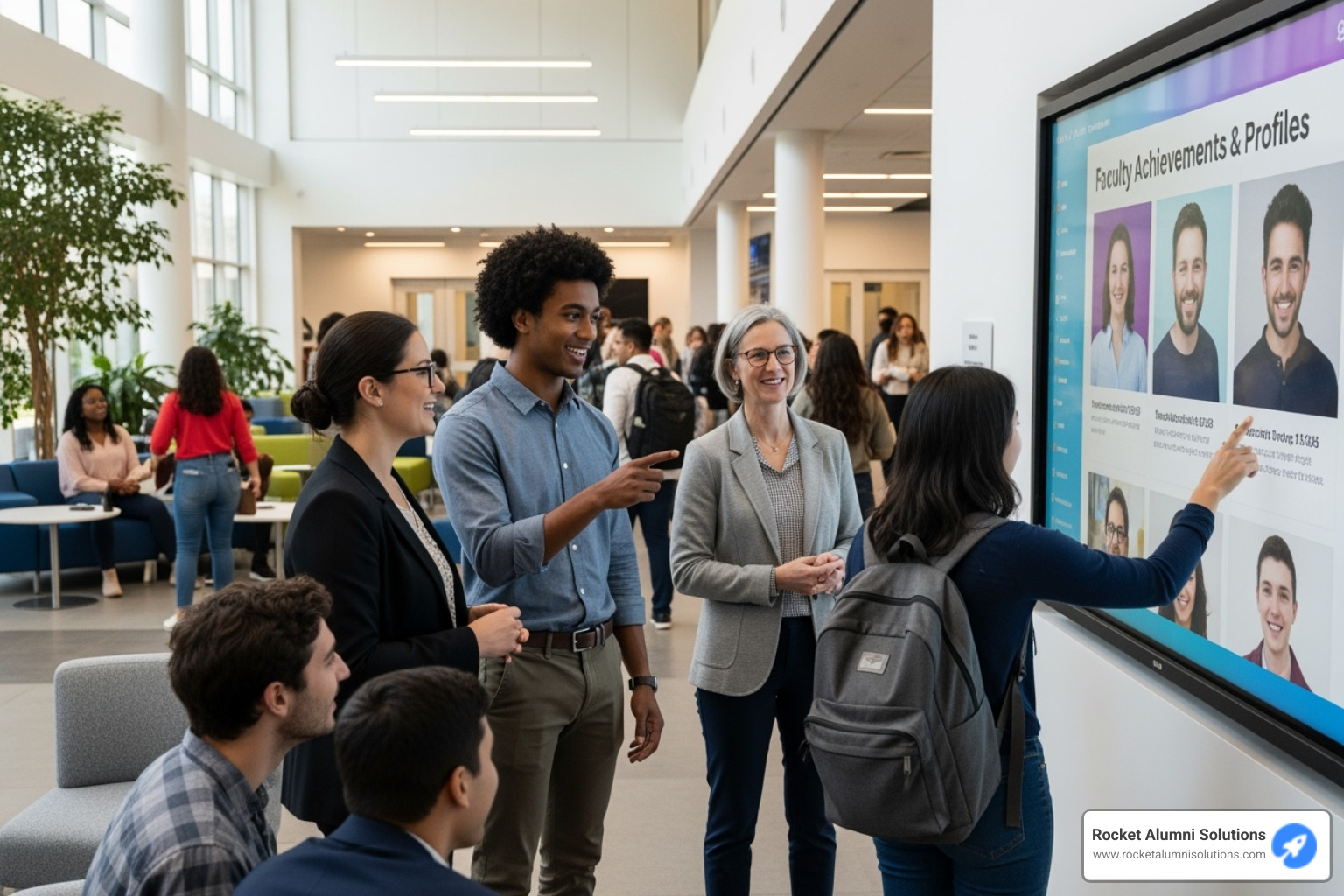 image of students and faculty interacting with a touchscreen display - Faculty Recognition Touchscreen image of students and faculty interacting with a touchscreen display - Faculty Recognition Touchscreen