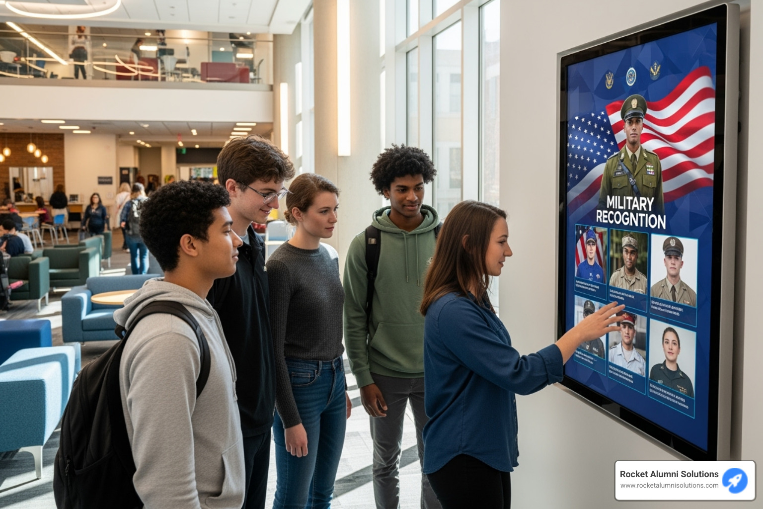 Image of a military recognition touchscreen prominently displayed in a high school lobby or university student center - Military Recognition Touchscreen Image of a military recognition touchscreen prominently displayed in a high school lobby or university student center - Military Recognition Touchscreen