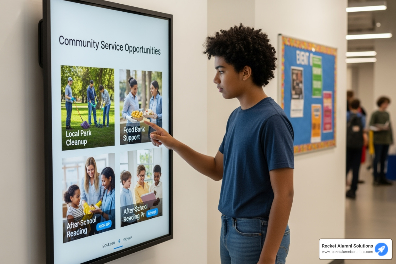 Student exploring interactive digital wall - Community Service Recognition Touchscreen Student exploring interactive digital wall - Community Service Recognition Touchscreen