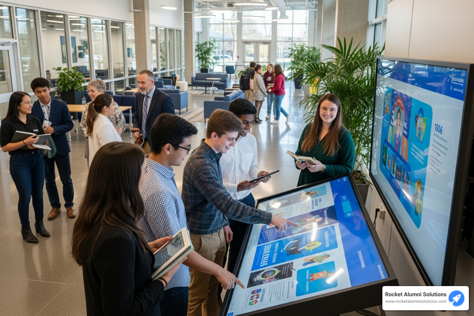 Students and alumni interacting with a touchscreen display in a school lobby - Alumni Achievement Touchscreen Students and alumni interacting with a touchscreen display in a school lobby - Alumni Achievement Touchscreen