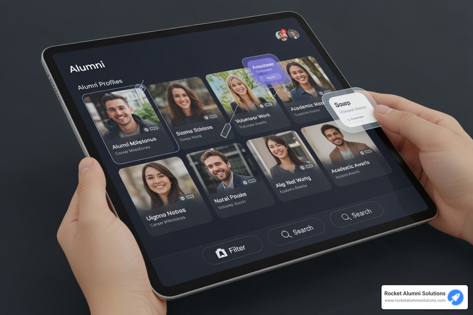 User interface of the touchscreen software on a tablet, showing profiles and categories - Alumni Achievement Touchscreen User interface of the touchscreen software on a tablet, showing profiles and categories - Alumni Achievement Touchscreen