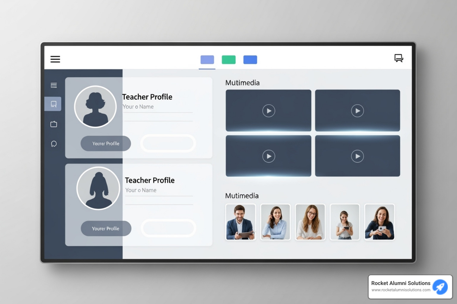 Software interface showing custom layouts with teacher profiles, multimedia content, and navigation menus - Teacher Recognition Touchscreen Software interface showing custom layouts with teacher profiles, multimedia content, and navigation menus - Teacher Recognition Touchscreen