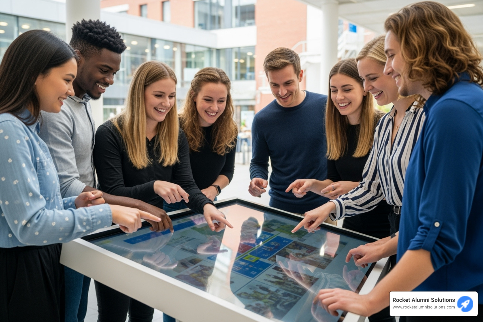 Students and alumni gathered around a touchscreen, smiling and pointing, engaging with the content - Touchscreen Community Honors Platform Students and alumni gathered around a touchscreen, smiling and pointing, engaging with the content - Touchscreen Community Honors Platform