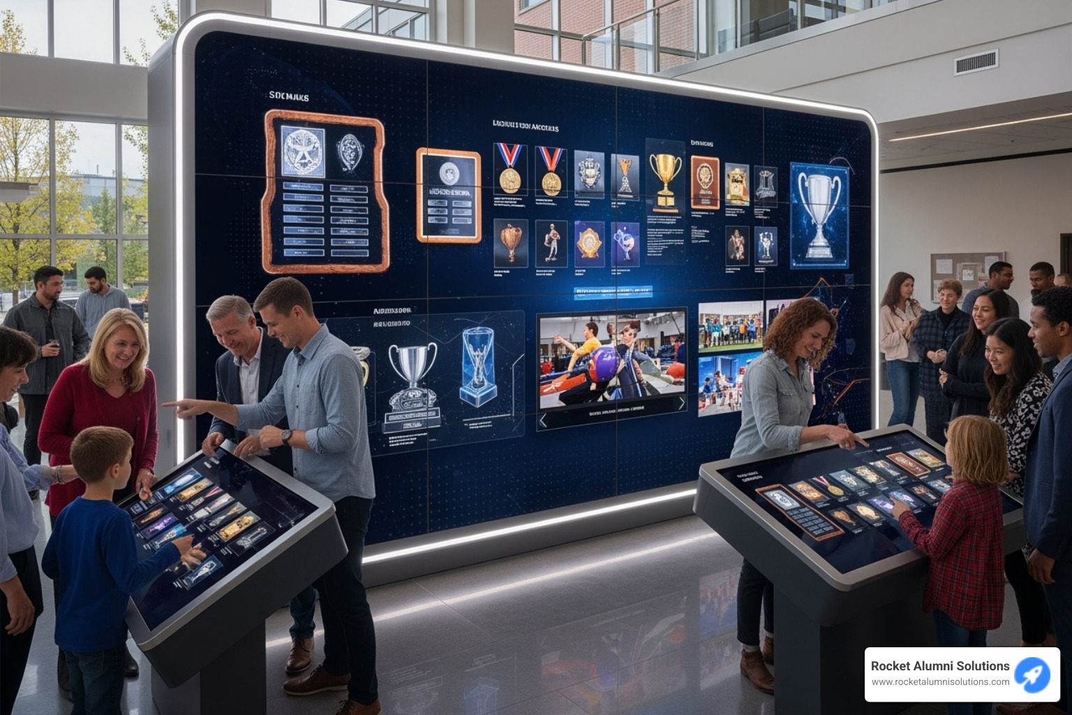 A digital trophy case showcasing athletic awards with video highlights, viewed by an admiring crowd - Touchscreen Community Honors Platform A digital trophy case showcasing athletic awards with video highlights, viewed by an admiring crowd - Touchscreen Community Honors Platform