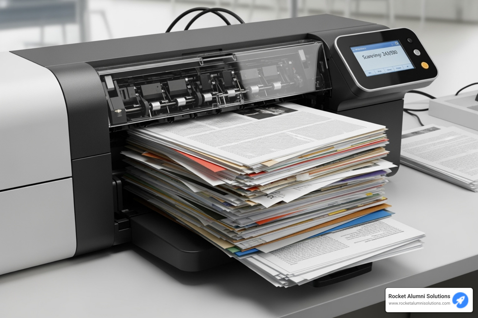 professional high-volume document scanner processing a large stack of papers - affordable document scanning professional high-volume document scanner processing a large stack of papers - affordable document scanning