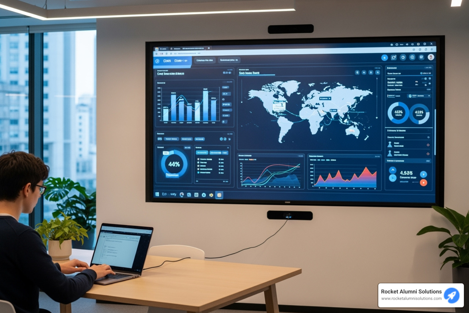 User updating content on a laptop that syncs to a digital wall - Company Touchscreen Recognition Board