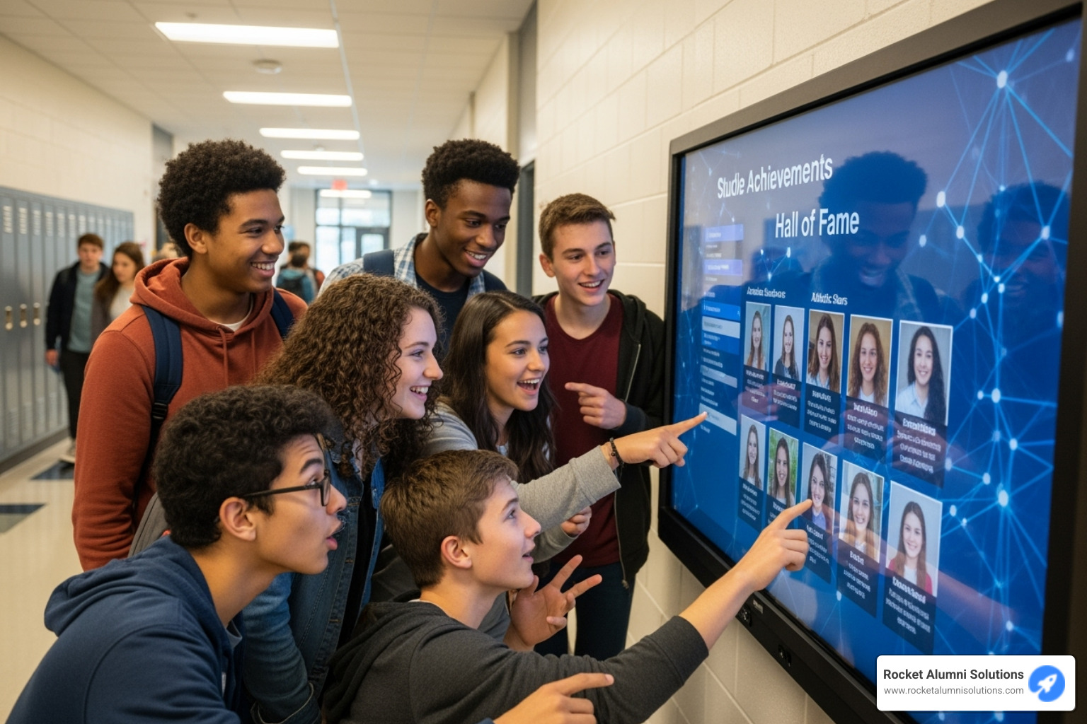 Students gathered excitedly around a school's digital hall of fame - Company Touchscreen Recognition Board