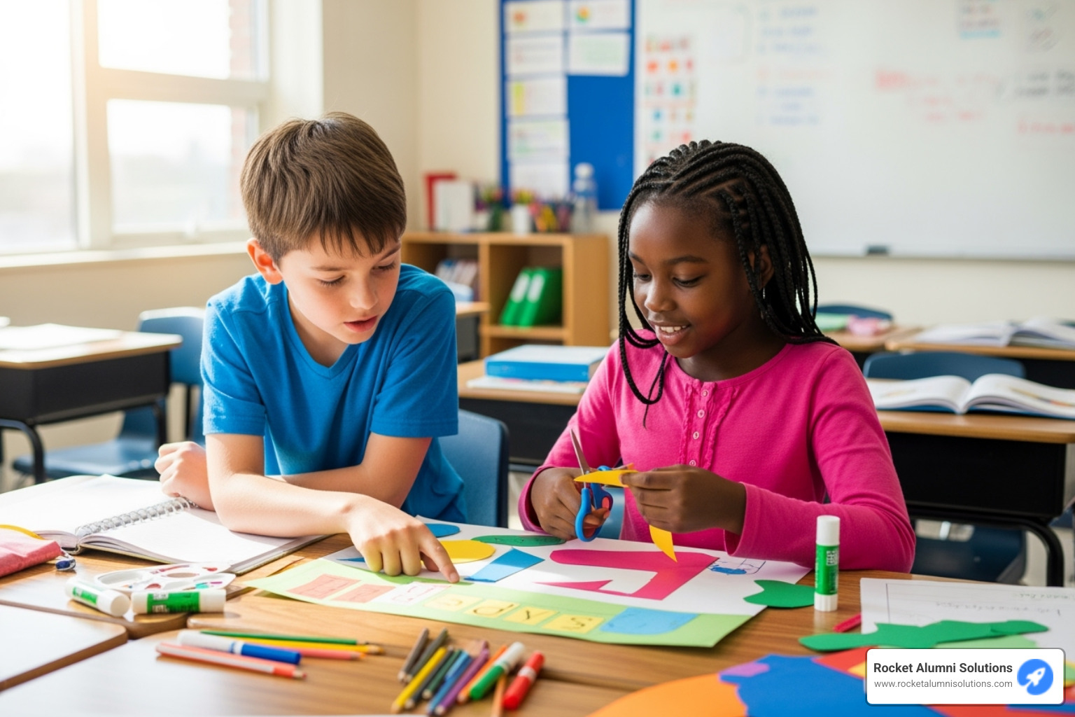 two young students helping each other with a class project - elementary class superlatives