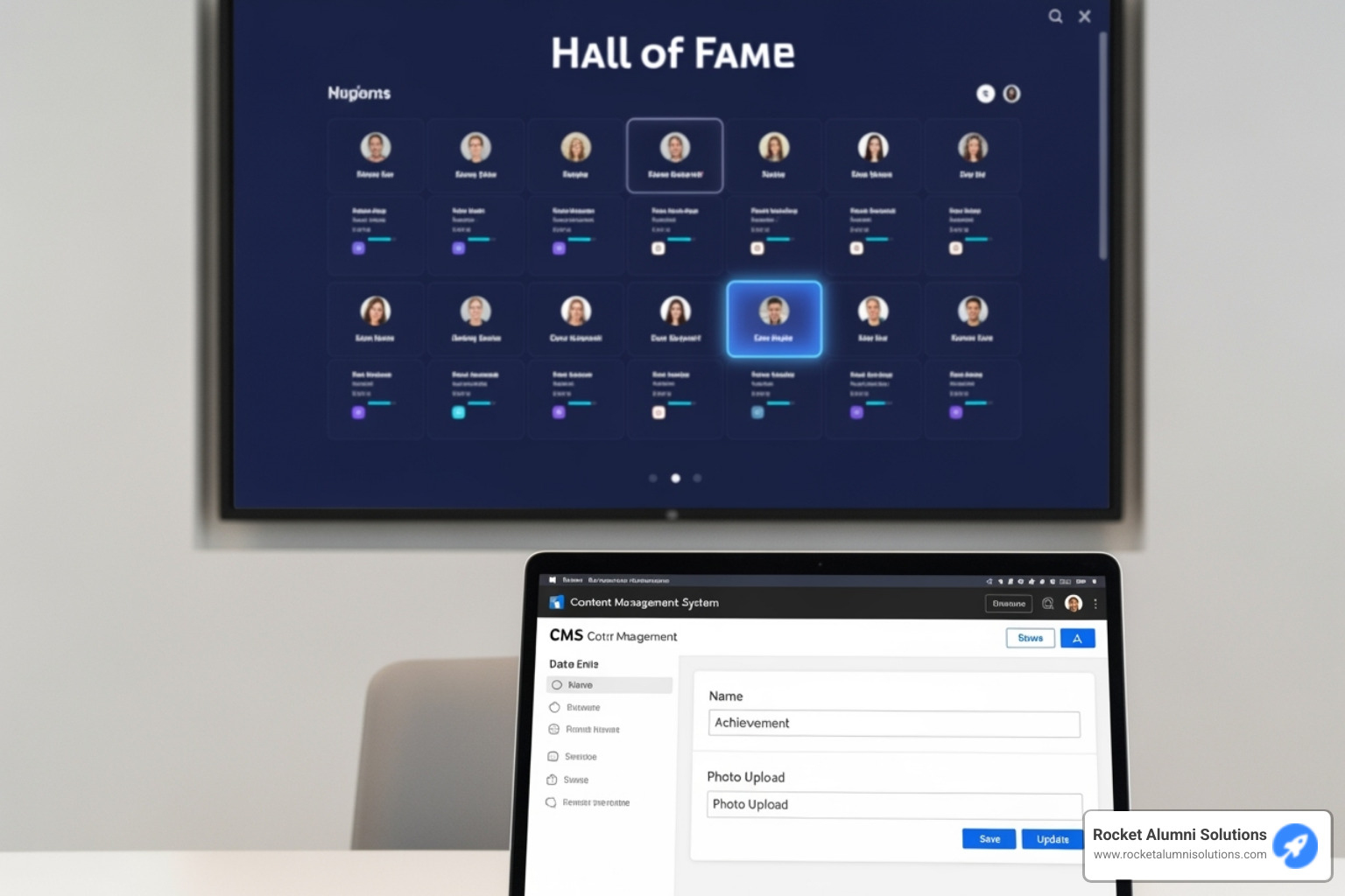 A user-friendly content management system dashboard is displayed on a laptop, with a large interactive touchscreen display showing a digital hall of fame in the background, illustrating seamless content updates. - Achievement Recognition Touchscreen