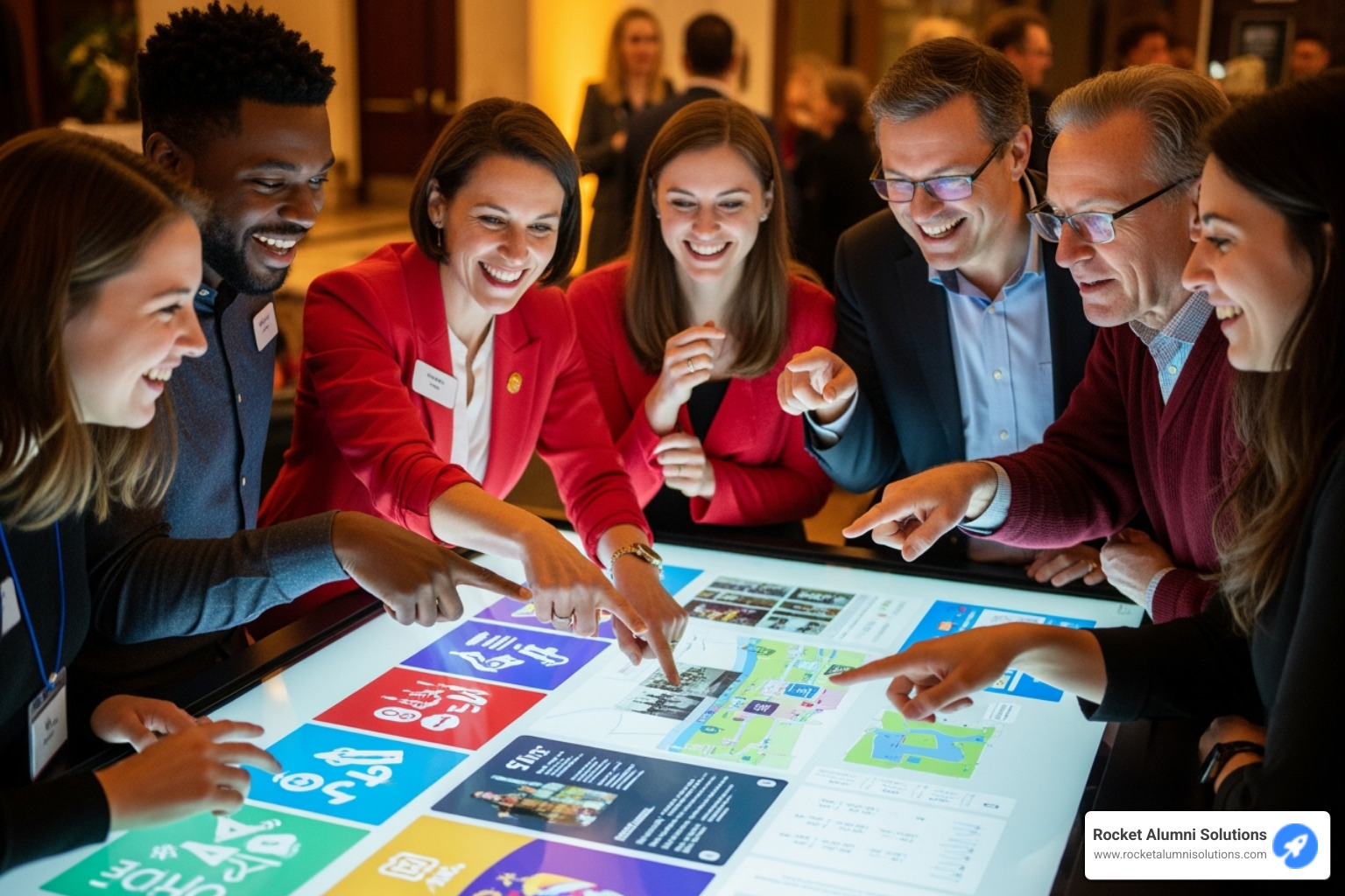 A group of alumni smiling and interacting together with a large multi-user touchscreen during a reunion event, pointing and discussing content. - Achievement Recognition Touchscreen