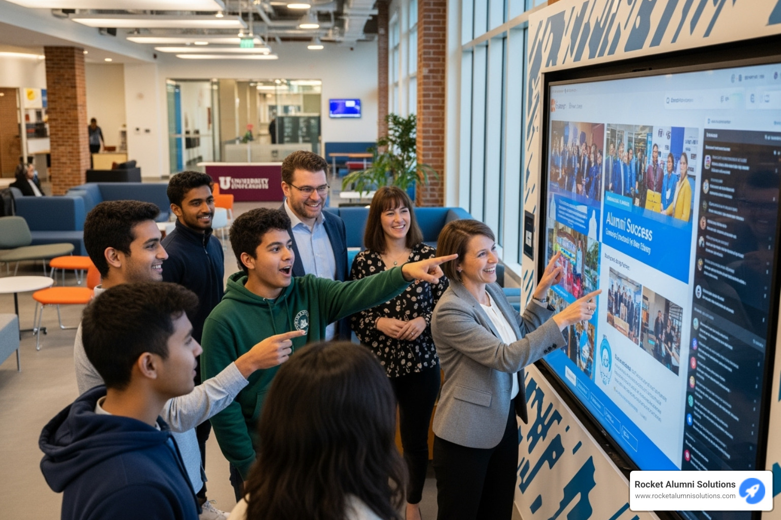 Alumni and students gathered around an interactive wall, smiling and pointing - Community Touchscreen Recognition Platform Alumni and students gathered around an interactive wall, smiling and pointing - Community Touchscreen Recognition Platform