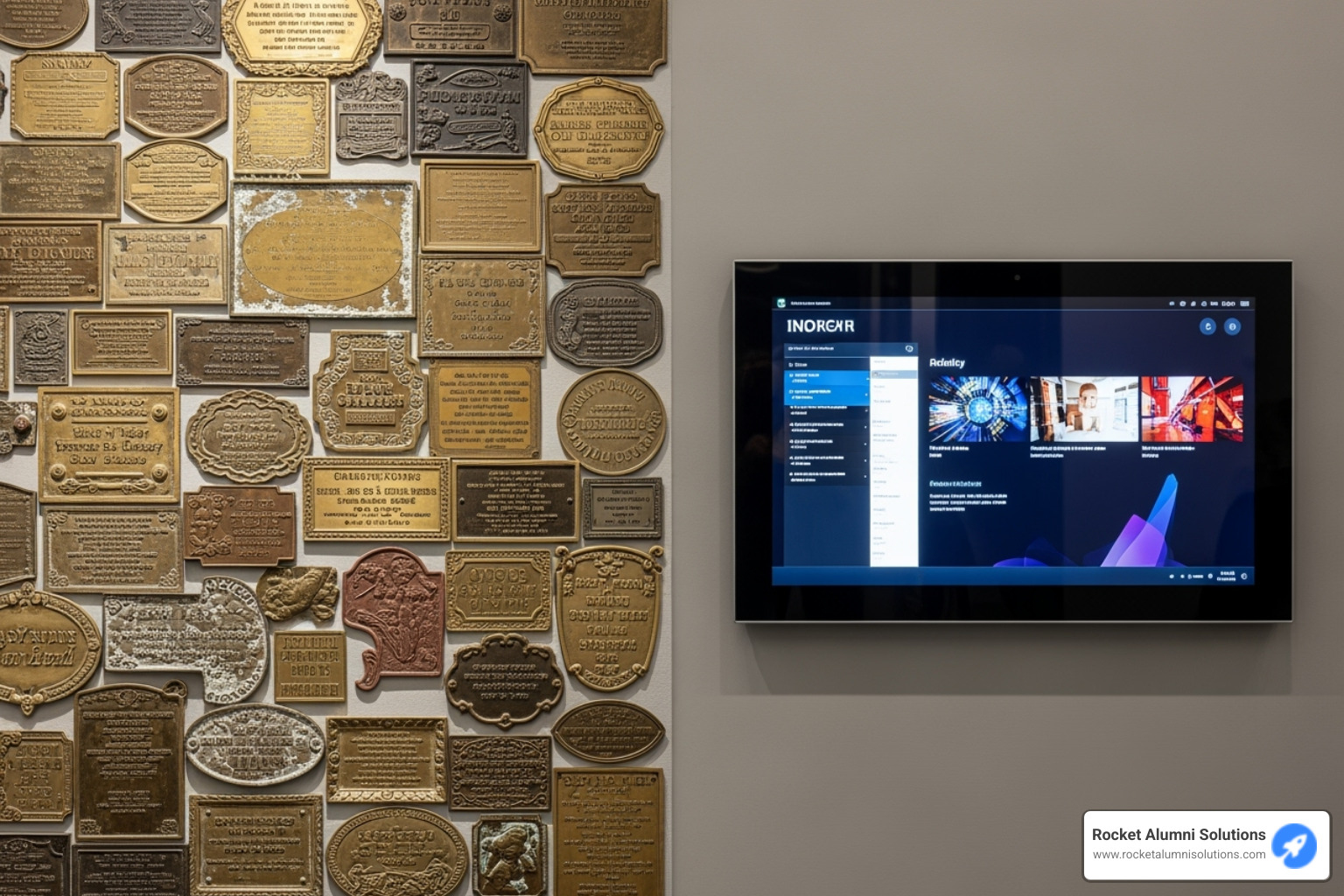 A cluttered wall of plaques next to a single, clean touchscreen display - Community Touchscreen Recognition Platform A cluttered wall of plaques next to a single, clean touchscreen display - Community Touchscreen Recognition Platform