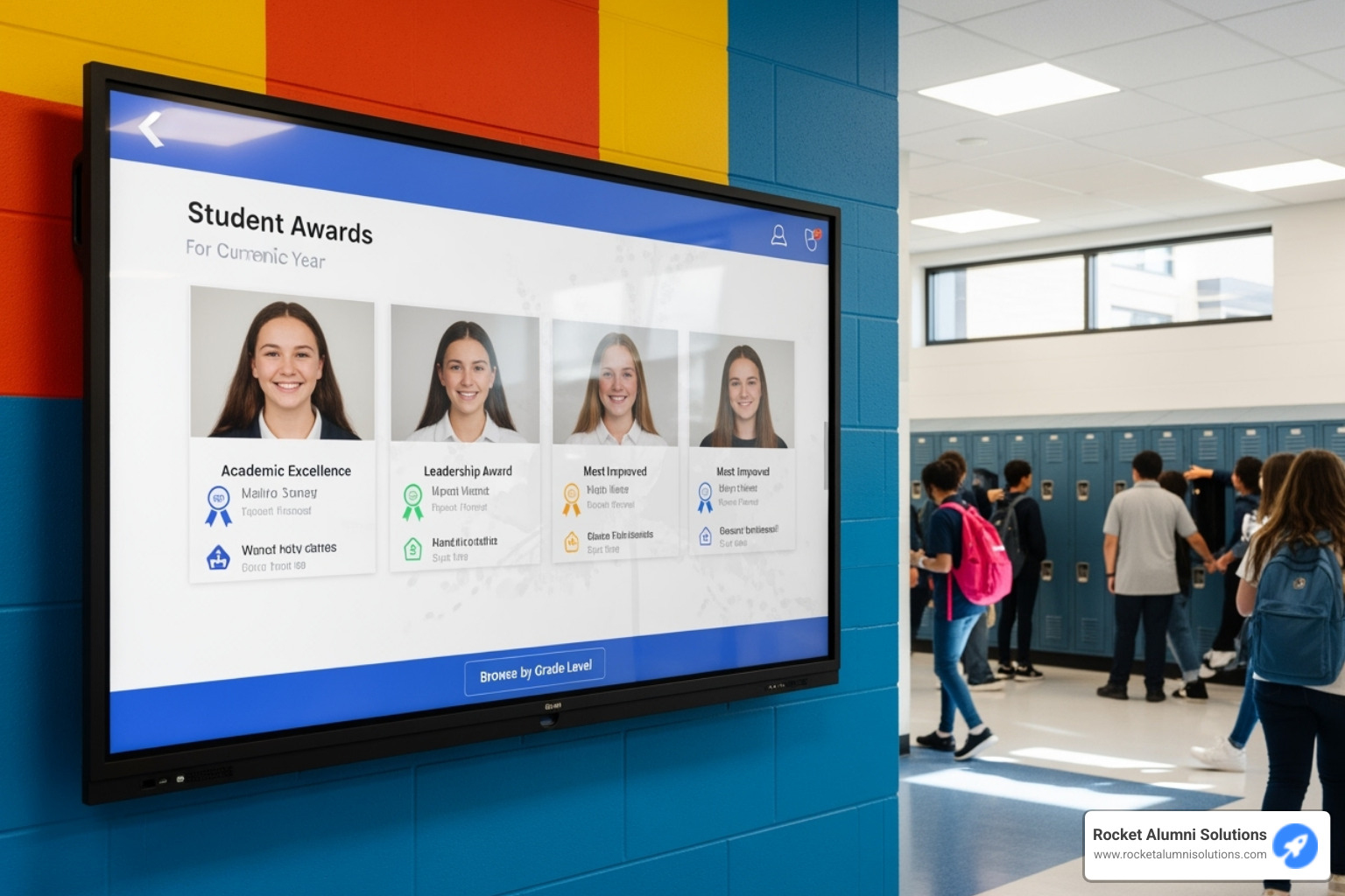 Interactive touchscreen displaying student awards in a school hallway - Student superlative awards Interactive touchscreen displaying student awards in a school hallway - Student superlative awards