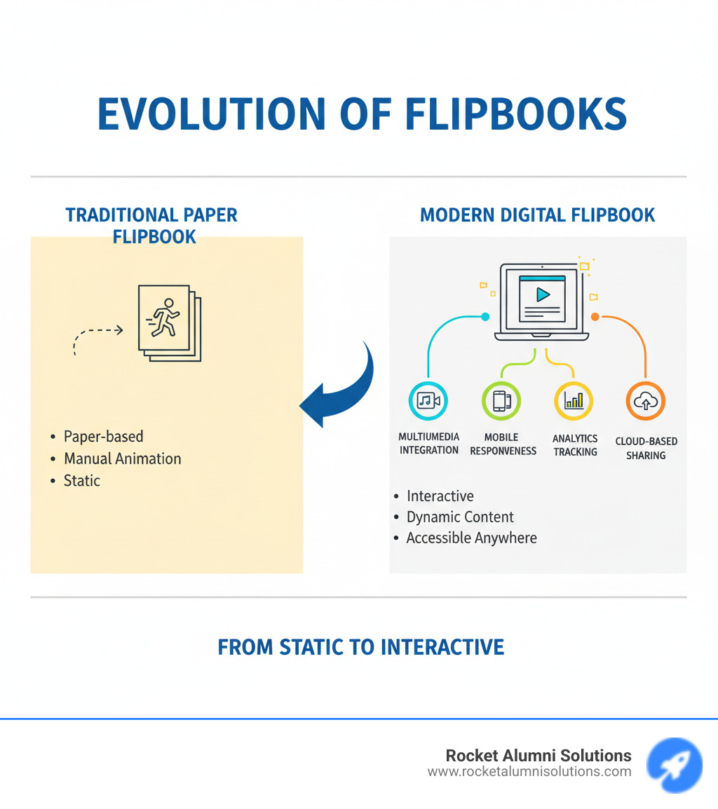 Evolution of flipbooks from traditional paper-based animation books to modern interactive digital publications with features like multimedia integration, mobile responsiveness, analytics tracking, and cloud-based sharing capabilities - virtual flip book infographic Evolution of flipbooks from traditional paper-based animation books to modern interactive digital publications with features like multimedia integration, mobile responsiveness, analytics tracking, and cloud-based sharing capabilities - virtual flip book infographic