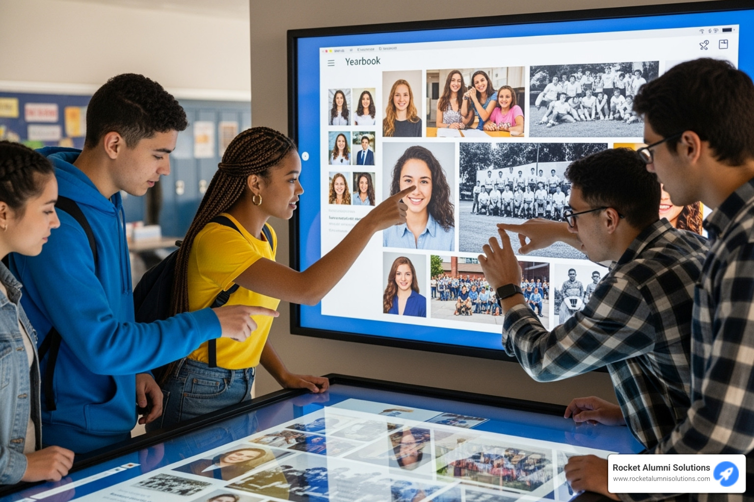A large touchscreen display showing a digital yearbook interface, with students interacting with profiles and historical content. - virtual flip book A large touchscreen display showing a digital yearbook interface, with students interacting with profiles and historical content. - virtual flip book