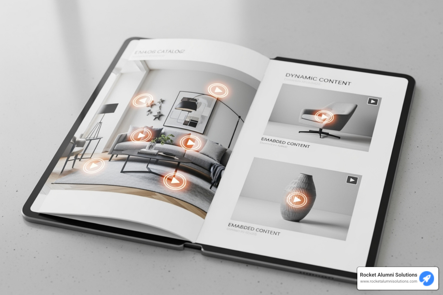 A digital catalog flipbook displayed on a tablet, showcasing interactive hotspots over product images and embedded video players, highlighting dynamic content engagement. - virtual flip book A digital catalog flipbook displayed on a tablet, showcasing interactive hotspots over product images and embedded video players, highlighting dynamic content engagement. - virtual flip book