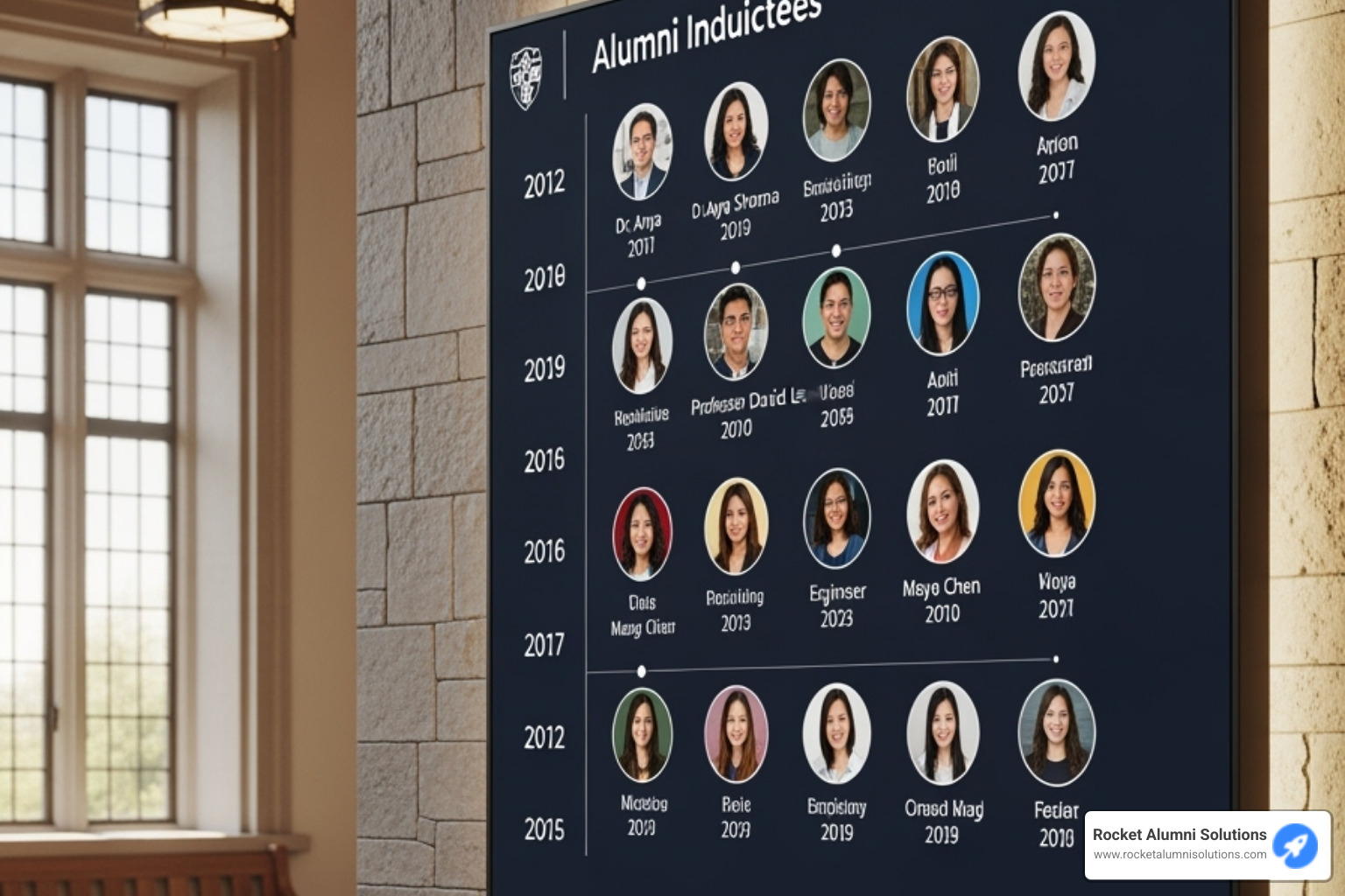 Timeline of inductees on a digital display - College Alumni Hall of Fame