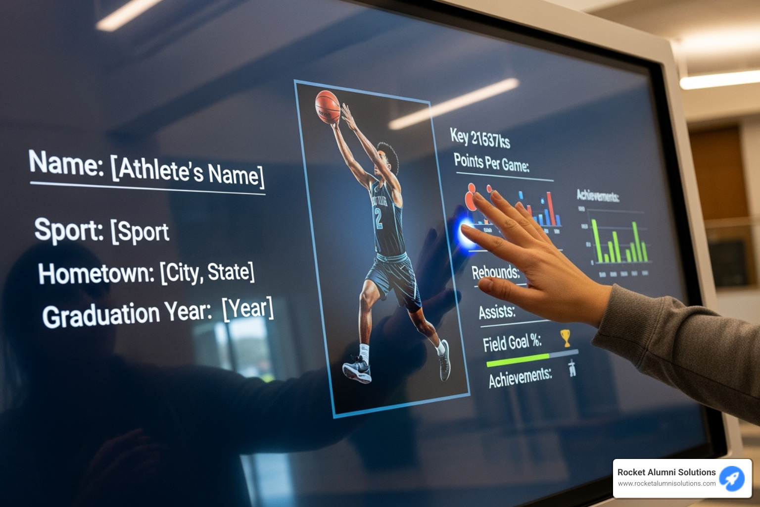 A user touching a screen to explore an athlete's profile with biographical information and statistics - Alumni Recognition Touchscreen Software A user touching a screen to explore an athlete's profile with biographical information and statistics - Alumni Recognition Touchscreen Software