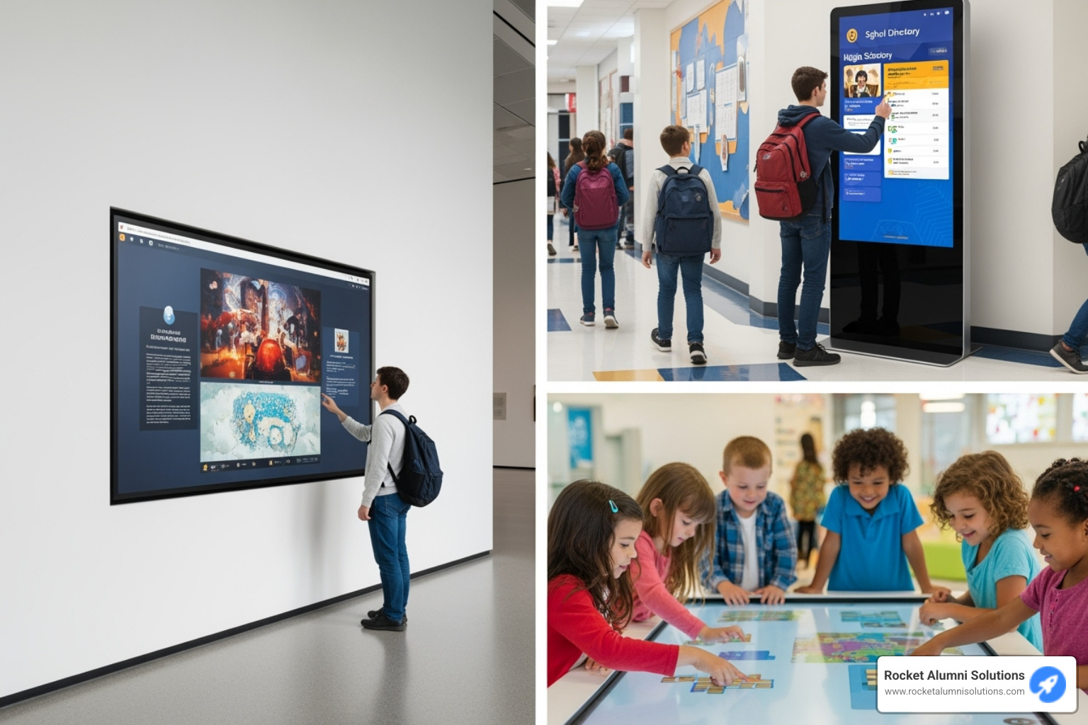 A collage of different touchscreen hardware setups including a sleek wall-mounted display in a museum, a standalone interactive kiosk in a school hallway, and an interactive table being used by several children. - Digital Historical Touchscreen A collage of different touchscreen hardware setups including a sleek wall-mounted display in a museum, a standalone interactive kiosk in a school hallway, and an interactive table being used by several children. - Digital Historical Touchscreen