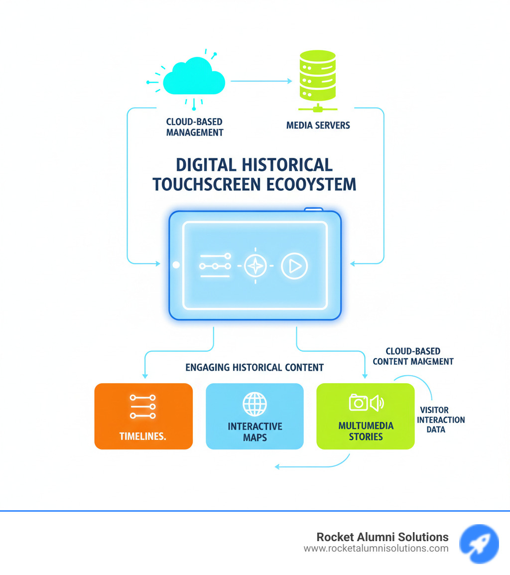 Infographic showing the ecosystem of a Digital Historical Touchscreen, illustrating how a large interactive display connects to cloud-based content management, media servers, and delivers engaging historical content like timelines, maps, and multimedia to visitors. - Digital Historical Touchscreen infographic Infographic showing the ecosystem of a Digital Historical Touchscreen, illustrating how a large interactive display connects to cloud-based content management, media servers, and delivers engaging historical content like timelines, maps, and multimedia to visitors. - Digital Historical Touchscreen infographic
