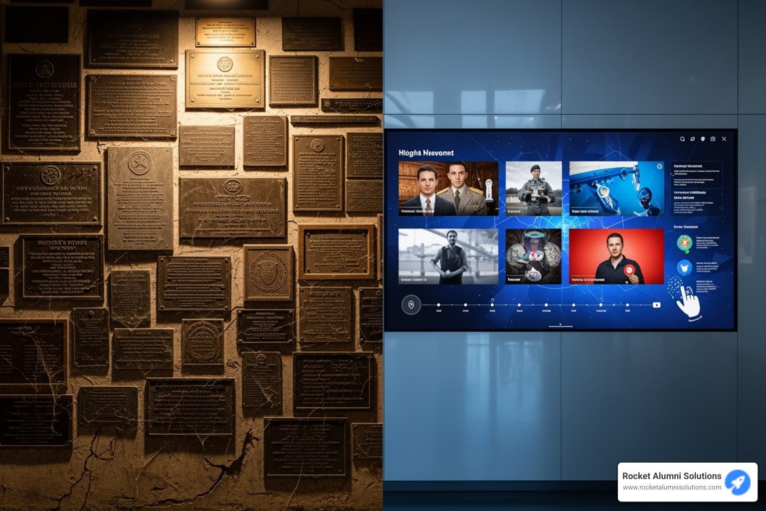 A split image showing a 'before' with a dusty, crowded wall of traditional plaques and an 'after' with a vibrant, modern interactive digital display showcasing historical achievements with photos and videos. - Digital Historical Touchscreen A split image showing a 'before' with a dusty, crowded wall of traditional plaques and an 'after' with a vibrant, modern interactive digital display showcasing historical achievements with photos and videos. - Digital Historical Touchscreen