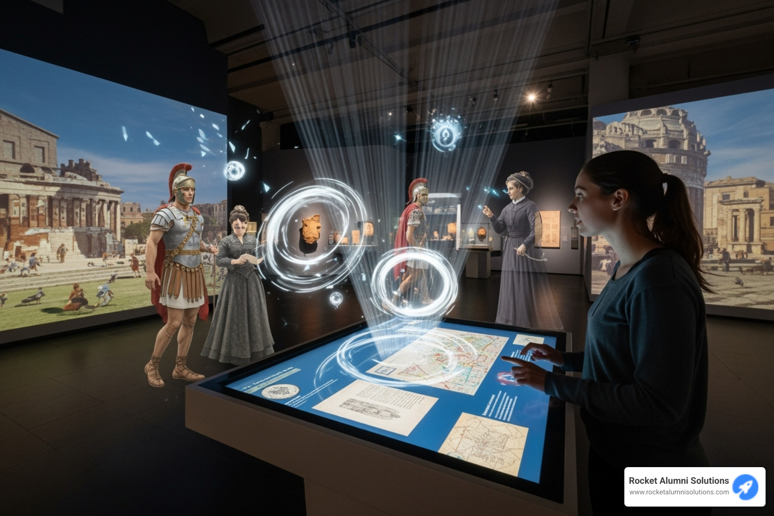An illustration depicting a museum visitor interacting with a large digital historical touchscreen, with elements of augmented reality projecting historical figures and scenes onto the physical space around the screen. - Digital Historical Touchscreen An illustration depicting a museum visitor interacting with a large digital historical touchscreen, with elements of augmented reality projecting historical figures and scenes onto the physical space around the screen. - Digital Historical Touchscreen