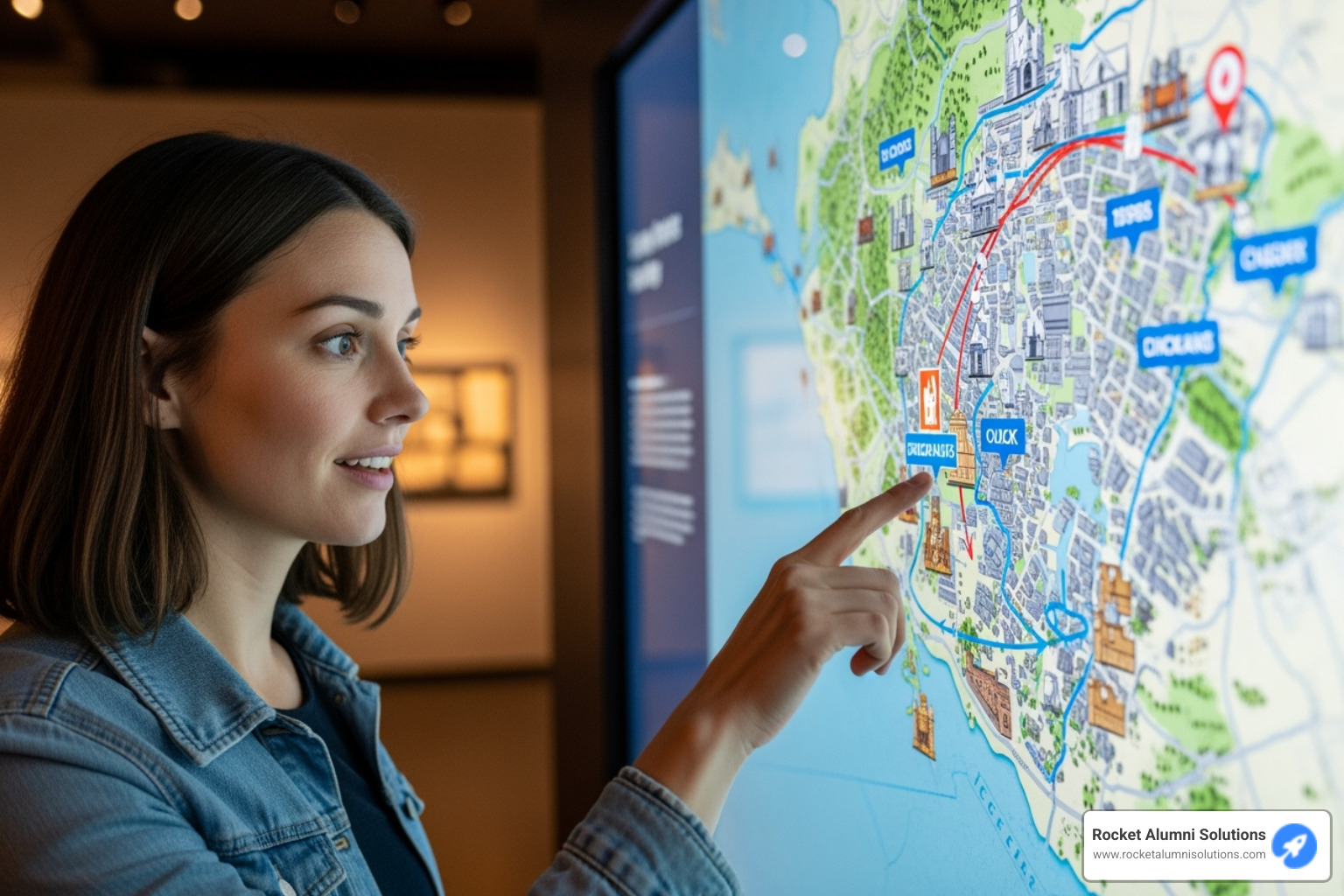 A museum visitor, with a look of fascination, interacting with a large, wall-mounted touchscreen display that shows a detailed historical map with animated overlays and clickable points of interest. - Digital Historical Touchscreen A museum visitor, with a look of fascination, interacting with a large, wall-mounted touchscreen display that shows a detailed historical map with animated overlays and clickable points of interest. - Digital Historical Touchscreen