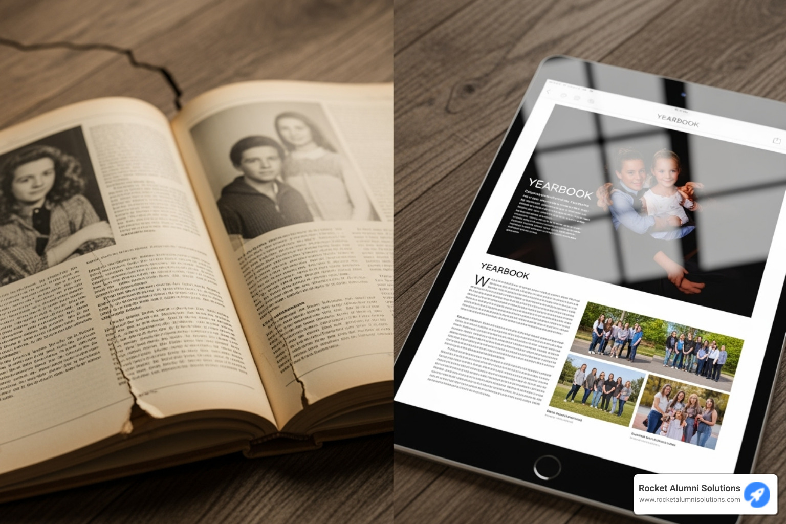 A split image showing a worn, yellowed physical yearbook on one side and a brightly lit, clear digital yearbook page on a tablet screen on the other - digital yearbook Boston A split image showing a worn, yellowed physical yearbook on one side and a brightly lit, clear digital yearbook page on a tablet screen on the other - digital yearbook Boston