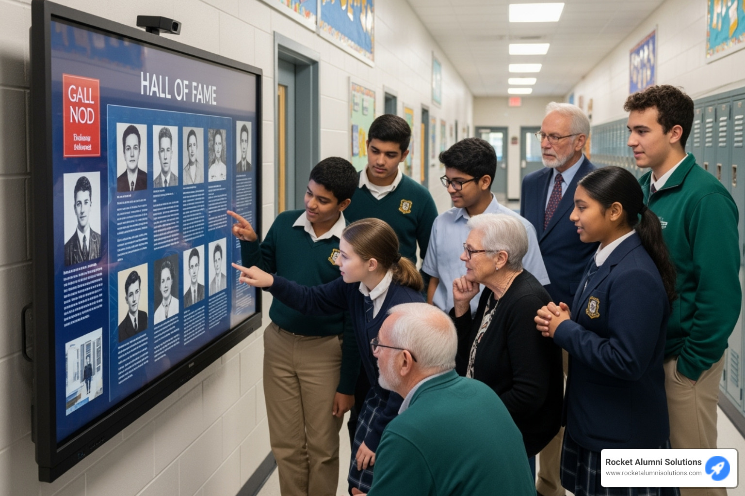 Students and alumni gathered around an interactive hall of fame display - Time Capsule Touchscreen Students and alumni gathered around an interactive hall of fame display - Time Capsule Touchscreen