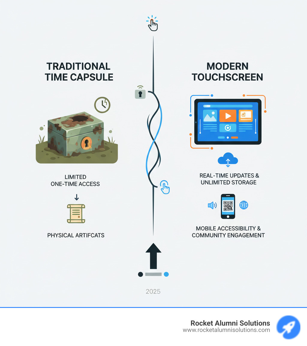 Infographic comparing traditional physical time capsules buried underground with limited one-time access versus modern time capsule touchscreens featuring real-time updates, unlimited digital storage, mobile accessibility, interactive multimedia content, and continuous community engagement - Time Capsule Touchscreen infographic Infographic comparing traditional physical time capsules buried underground with limited one-time access versus modern time capsule touchscreens featuring real-time updates, unlimited digital storage, mobile accessibility, interactive multimedia content, and continuous community engagement - Time Capsule Touchscreen infographic
