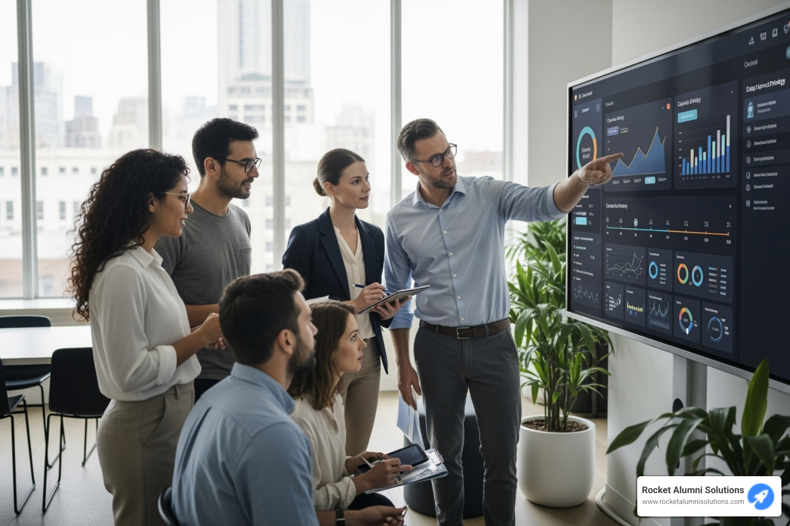 Team collaborating on a digital signage content strategy on a large screen - Digital signage for events Team collaborating on a digital signage content strategy on a large screen - Digital signage for events